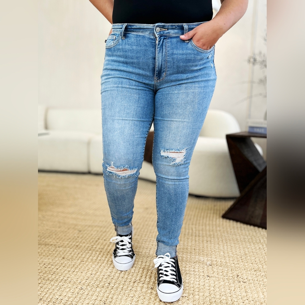 Judy Blue Mid-Rise Skinny Distressed Slim Fit Torn Jeans Cuffed Hem Denim Pants